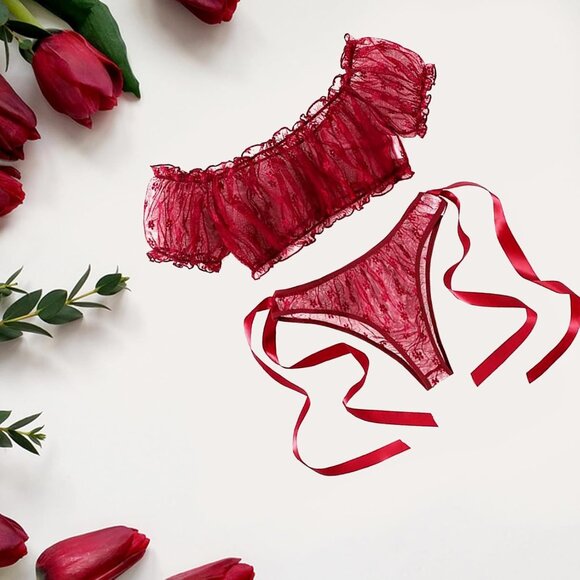 Women's Red Through Two Ways Wear Lingerie Sets Tulle Tie Top Thong Underwear - Picture 6 of 7